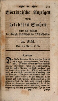 Göttingische Anzeigen von gelehrten Sachen (Göttingische Zeitungen von gelehrten Sachen) Montag 14. April 1777