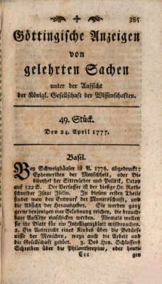 Göttingische Anzeigen von gelehrten Sachen (Göttingische Zeitungen von gelehrten Sachen) Donnerstag 24. April 1777