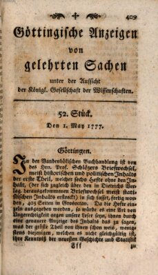 Göttingische Anzeigen von gelehrten Sachen (Göttingische Zeitungen von gelehrten Sachen) Donnerstag 1. Mai 1777