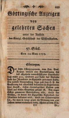 Göttingische Anzeigen von gelehrten Sachen (Göttingische Zeitungen von gelehrten Sachen) Montag 12. Mai 1777