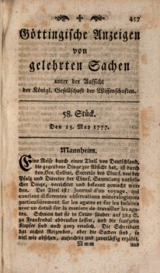 Göttingische Anzeigen von gelehrten Sachen (Göttingische Zeitungen von gelehrten Sachen) Donnerstag 15. Mai 1777