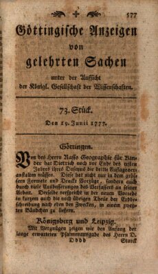 Göttingische Anzeigen von gelehrten Sachen (Göttingische Zeitungen von gelehrten Sachen) Donnerstag 19. Juni 1777