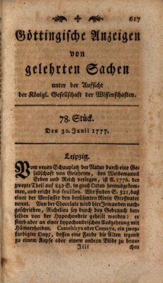 Göttingische Anzeigen von gelehrten Sachen (Göttingische Zeitungen von gelehrten Sachen) Montag 30. Juni 1777