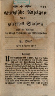 Göttingische Anzeigen von gelehrten Sachen (Göttingische Zeitungen von gelehrten Sachen) Samstag 5. Juli 1777