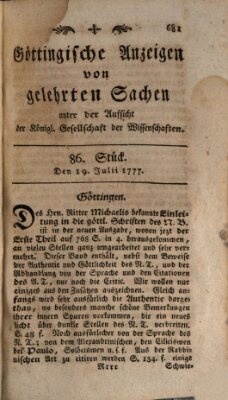 Göttingische Anzeigen von gelehrten Sachen (Göttingische Zeitungen von gelehrten Sachen) Samstag 19. Juli 1777