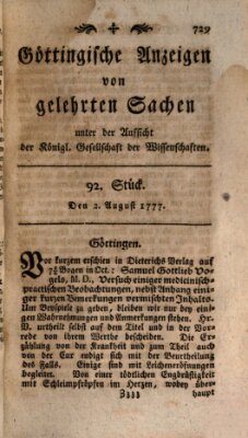 Göttingische Anzeigen von gelehrten Sachen (Göttingische Zeitungen von gelehrten Sachen) Samstag 2. August 1777