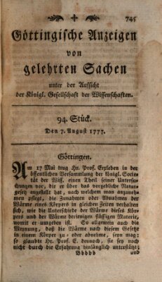 Göttingische Anzeigen von gelehrten Sachen (Göttingische Zeitungen von gelehrten Sachen) Donnerstag 7. August 1777