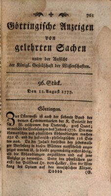 Göttingische Anzeigen von gelehrten Sachen (Göttingische Zeitungen von gelehrten Sachen) Montag 11. August 1777