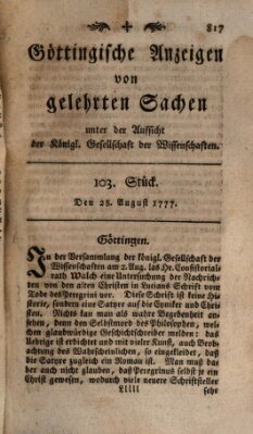 Göttingische Anzeigen von gelehrten Sachen (Göttingische Zeitungen von gelehrten Sachen) Donnerstag 28. August 1777