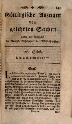 Göttingische Anzeigen von gelehrten Sachen (Göttingische Zeitungen von gelehrten Sachen) Donnerstag 4. September 1777