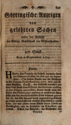 Göttingische Anzeigen von gelehrten Sachen (Göttingische Zeitungen von gelehrten Sachen) Samstag 6. September 1777