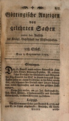 Göttingische Anzeigen von gelehrten Sachen (Göttingische Zeitungen von gelehrten Sachen) Montag 8. September 1777