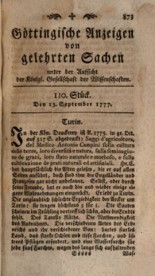 Göttingische Anzeigen von gelehrten Sachen (Göttingische Zeitungen von gelehrten Sachen) Samstag 13. September 1777