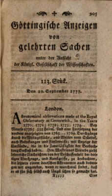 Göttingische Anzeigen von gelehrten Sachen (Göttingische Zeitungen von gelehrten Sachen) Samstag 20. September 1777