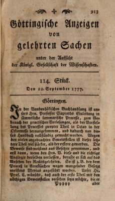 Göttingische Anzeigen von gelehrten Sachen (Göttingische Zeitungen von gelehrten Sachen) Montag 22. September 1777