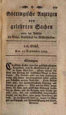 Göttingische Anzeigen von gelehrten Sachen (Göttingische Zeitungen von gelehrten Sachen) Samstag 27. September 1777