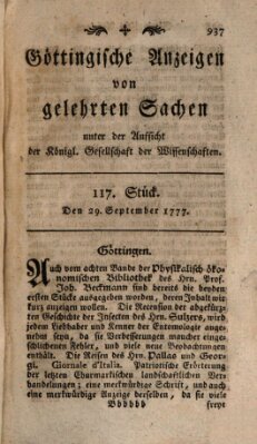 Göttingische Anzeigen von gelehrten Sachen (Göttingische Zeitungen von gelehrten Sachen) Montag 29. September 1777