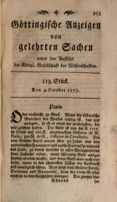 Göttingische Anzeigen von gelehrten Sachen (Göttingische Zeitungen von gelehrten Sachen) Samstag 4. Oktober 1777