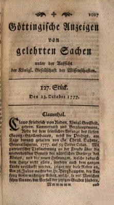 Göttingische Anzeigen von gelehrten Sachen (Göttingische Zeitungen von gelehrten Sachen) Donnerstag 23. Oktober 1777