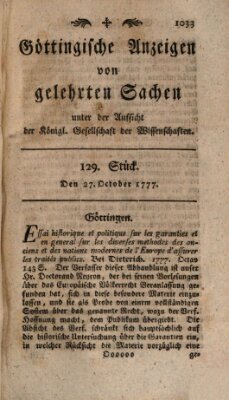 Göttingische Anzeigen von gelehrten Sachen (Göttingische Zeitungen von gelehrten Sachen) Montag 27. Oktober 1777