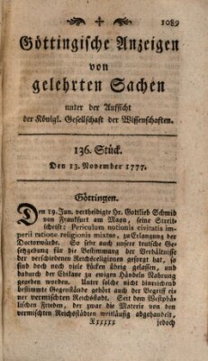 Göttingische Anzeigen von gelehrten Sachen (Göttingische Zeitungen von gelehrten Sachen) Donnerstag 13. November 1777