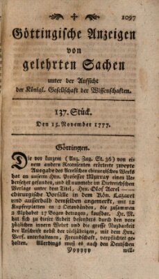 Göttingische Anzeigen von gelehrten Sachen (Göttingische Zeitungen von gelehrten Sachen) Samstag 15. November 1777