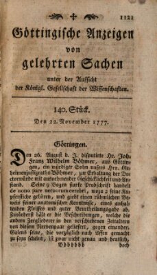 Göttingische Anzeigen von gelehrten Sachen (Göttingische Zeitungen von gelehrten Sachen) Samstag 22. November 1777