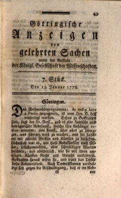 Göttingische Anzeigen von gelehrten Sachen (Göttingische Zeitungen von gelehrten Sachen) Donnerstag 15. Januar 1778