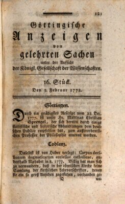 Göttingische Anzeigen von gelehrten Sachen (Göttingische Zeitungen von gelehrten Sachen) Donnerstag 5. Februar 1778