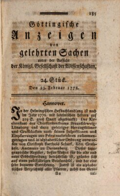 Göttingische Anzeigen von gelehrten Sachen (Göttingische Zeitungen von gelehrten Sachen) Montag 23. Februar 1778