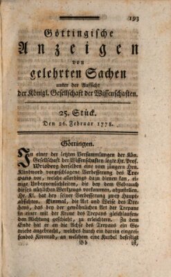 Göttingische Anzeigen von gelehrten Sachen (Göttingische Zeitungen von gelehrten Sachen) Donnerstag 26. Februar 1778