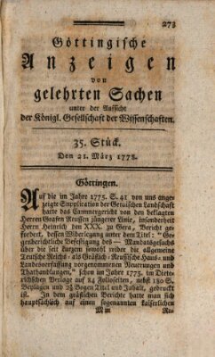 Göttingische Anzeigen von gelehrten Sachen (Göttingische Zeitungen von gelehrten Sachen) Samstag 21. März 1778