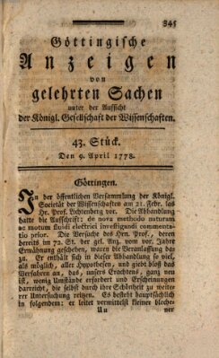 Göttingische Anzeigen von gelehrten Sachen (Göttingische Zeitungen von gelehrten Sachen) Donnerstag 9. April 1778