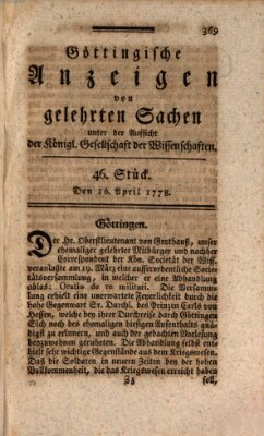 Göttingische Anzeigen von gelehrten Sachen (Göttingische Zeitungen von gelehrten Sachen) Donnerstag 16. April 1778