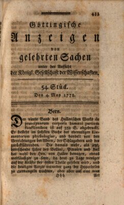 Göttingische Anzeigen von gelehrten Sachen (Göttingische Zeitungen von gelehrten Sachen) Montag 4. Mai 1778