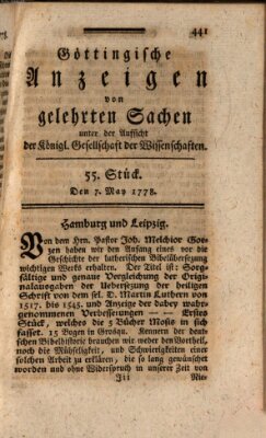 Göttingische Anzeigen von gelehrten Sachen (Göttingische Zeitungen von gelehrten Sachen) Donnerstag 7. Mai 1778