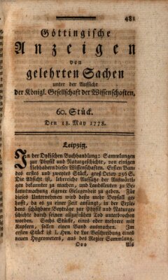 Göttingische Anzeigen von gelehrten Sachen (Göttingische Zeitungen von gelehrten Sachen) Montag 18. Mai 1778