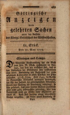 Göttingische Anzeigen von gelehrten Sachen (Göttingische Zeitungen von gelehrten Sachen) Donnerstag 21. Mai 1778