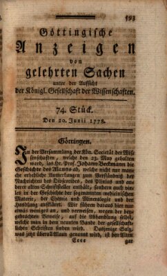 Göttingische Anzeigen von gelehrten Sachen (Göttingische Zeitungen von gelehrten Sachen) Samstag 20. Juni 1778