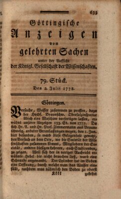 Göttingische Anzeigen von gelehrten Sachen (Göttingische Zeitungen von gelehrten Sachen) Donnerstag 2. Juli 1778