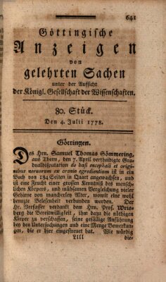 Göttingische Anzeigen von gelehrten Sachen (Göttingische Zeitungen von gelehrten Sachen) Samstag 4. Juli 1778