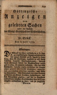 Göttingische Anzeigen von gelehrten Sachen (Göttingische Zeitungen von gelehrten Sachen) Montag 6. Juli 1778