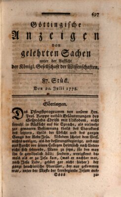 Göttingische Anzeigen von gelehrten Sachen (Göttingische Zeitungen von gelehrten Sachen) Montag 20. Juli 1778