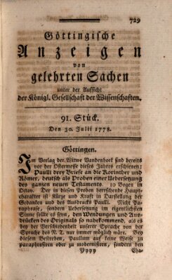 Göttingische Anzeigen von gelehrten Sachen (Göttingische Zeitungen von gelehrten Sachen) Donnerstag 30. Juli 1778