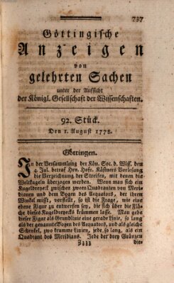 Göttingische Anzeigen von gelehrten Sachen (Göttingische Zeitungen von gelehrten Sachen) Samstag 1. August 1778