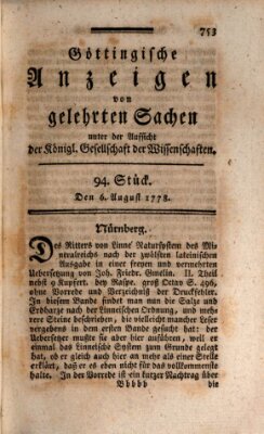 Göttingische Anzeigen von gelehrten Sachen (Göttingische Zeitungen von gelehrten Sachen) Donnerstag 6. August 1778