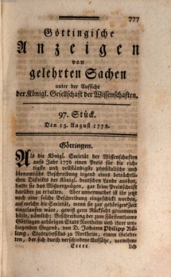 Göttingische Anzeigen von gelehrten Sachen (Göttingische Zeitungen von gelehrten Sachen) Donnerstag 13. August 1778