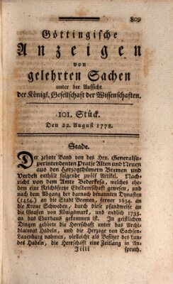 Göttingische Anzeigen von gelehrten Sachen (Göttingische Zeitungen von gelehrten Sachen) Samstag 22. August 1778