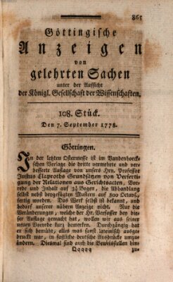 Göttingische Anzeigen von gelehrten Sachen (Göttingische Zeitungen von gelehrten Sachen) Montag 7. September 1778