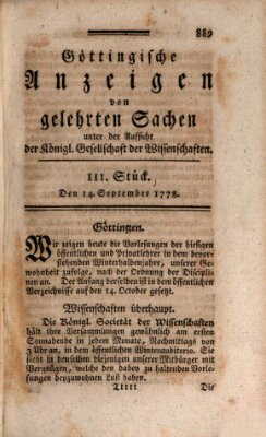 Göttingische Anzeigen von gelehrten Sachen (Göttingische Zeitungen von gelehrten Sachen) Montag 14. September 1778